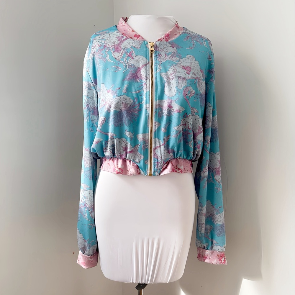 Loveshackfancy X Hurley Under Cropped Bomber Jacket pink blue floral size Large